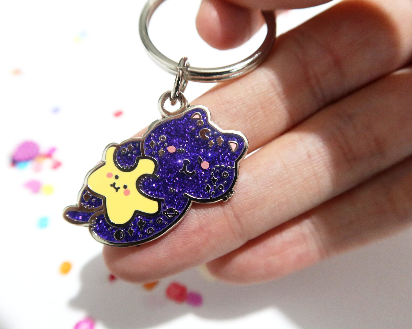 Galaxy Cat Glitter Enamel Keychain