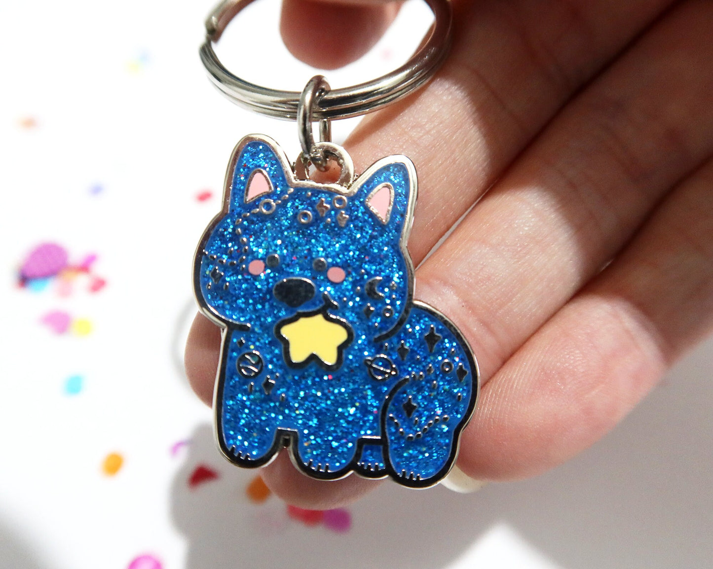 Galaxy Dog Glitter Enamel Keychain